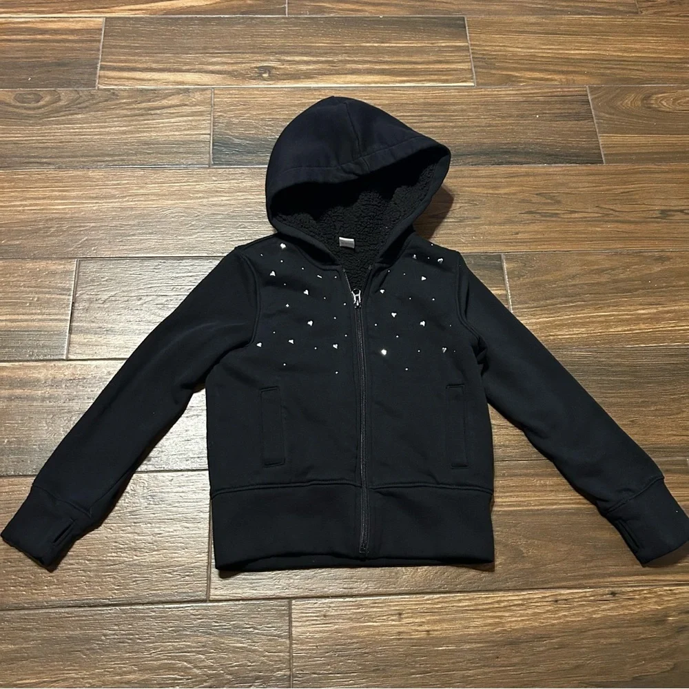 Old Navy Girls Sherpa Lined Full Zip Hoodie Small 6-7 Black with‎ Silver Hearts